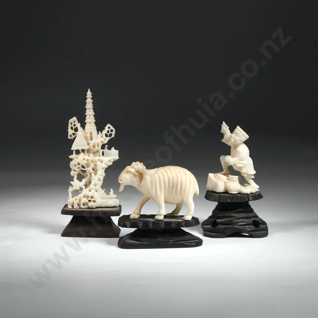 Three Bone Figures - Pagoda, Goat & Male Figure Performing Tai Chi Image 1++