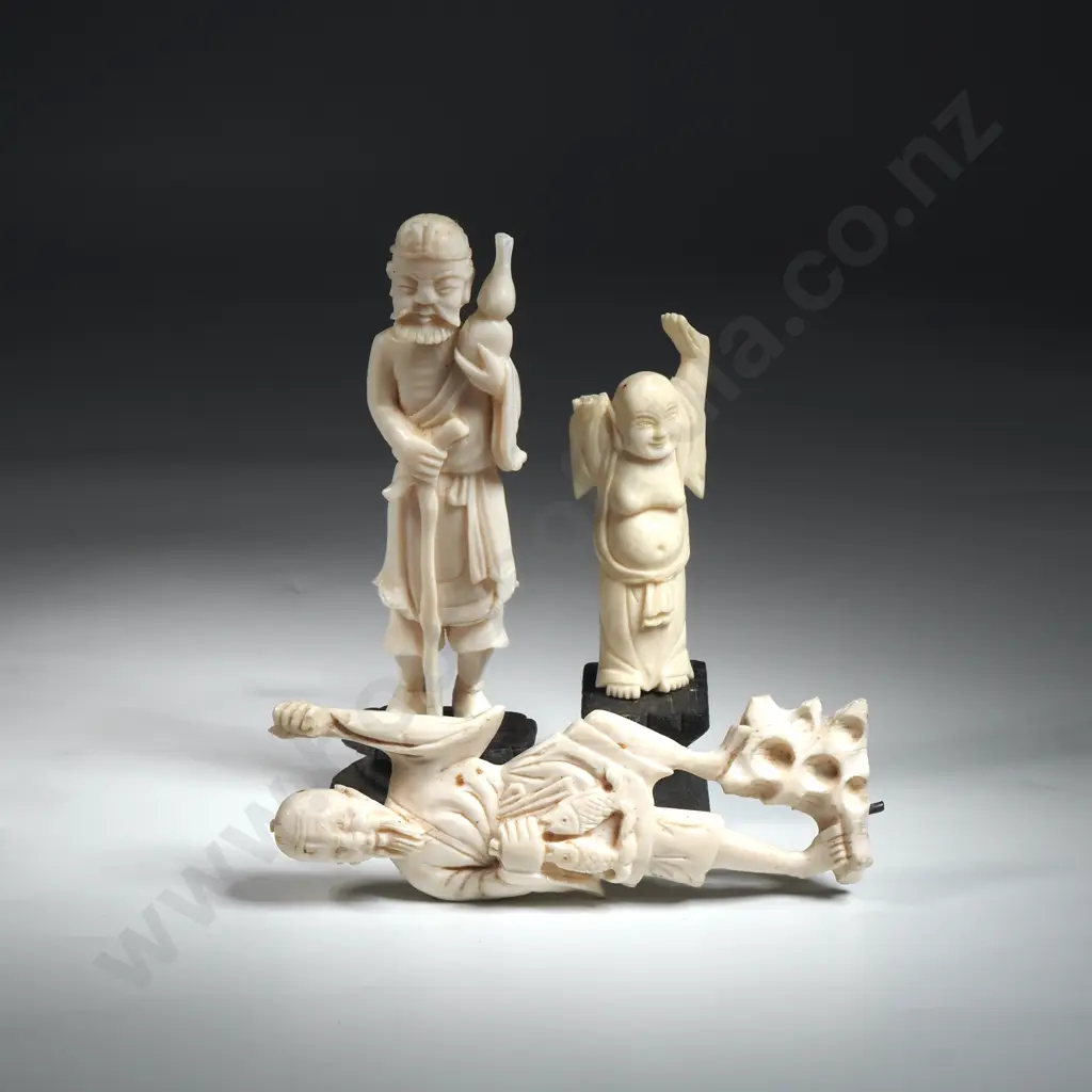 Three Carved Bone Okimono. One Of A Buddha, A Fisherman & An Old Man With Walking Stick & Double Gourd. Image 1++