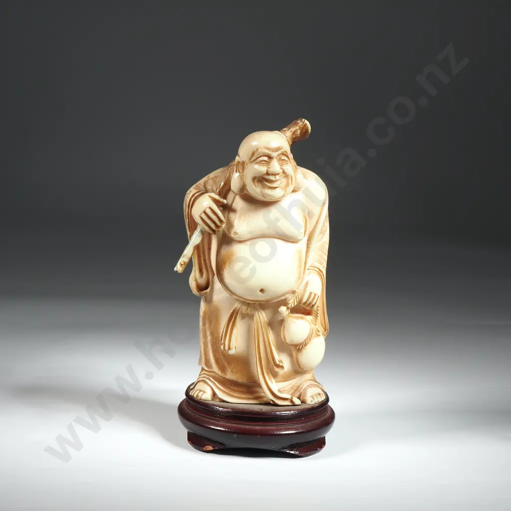 Japanese Ivory Okimono Depicting Laughing Buddha On A Wooden Stand Image 1++