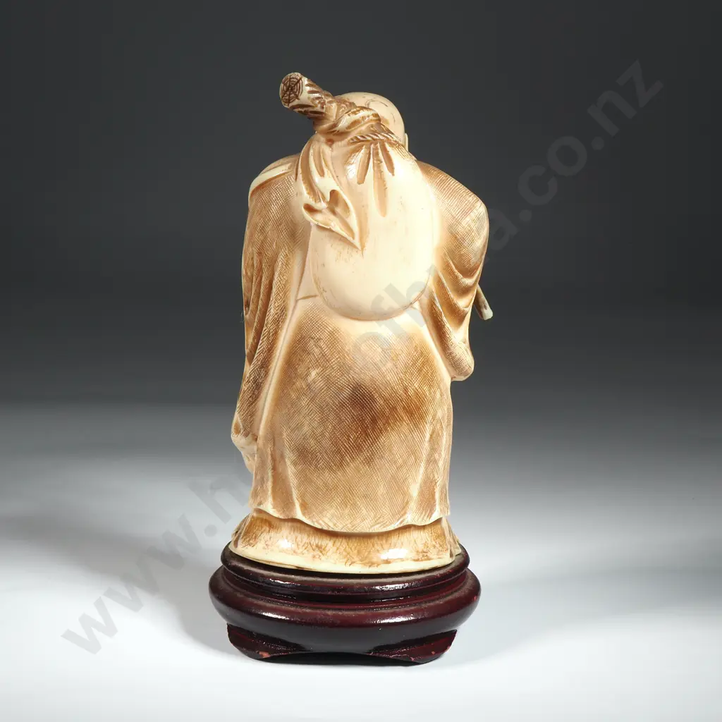 Japanese Ivory Okimono Depicting Laughing Buddha On A Wooden Stand Image 1++
