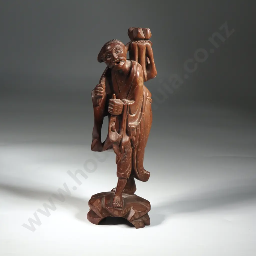 Vintage Wooden Oriental Carving Of A Chinese Fisherman  Image 1++
