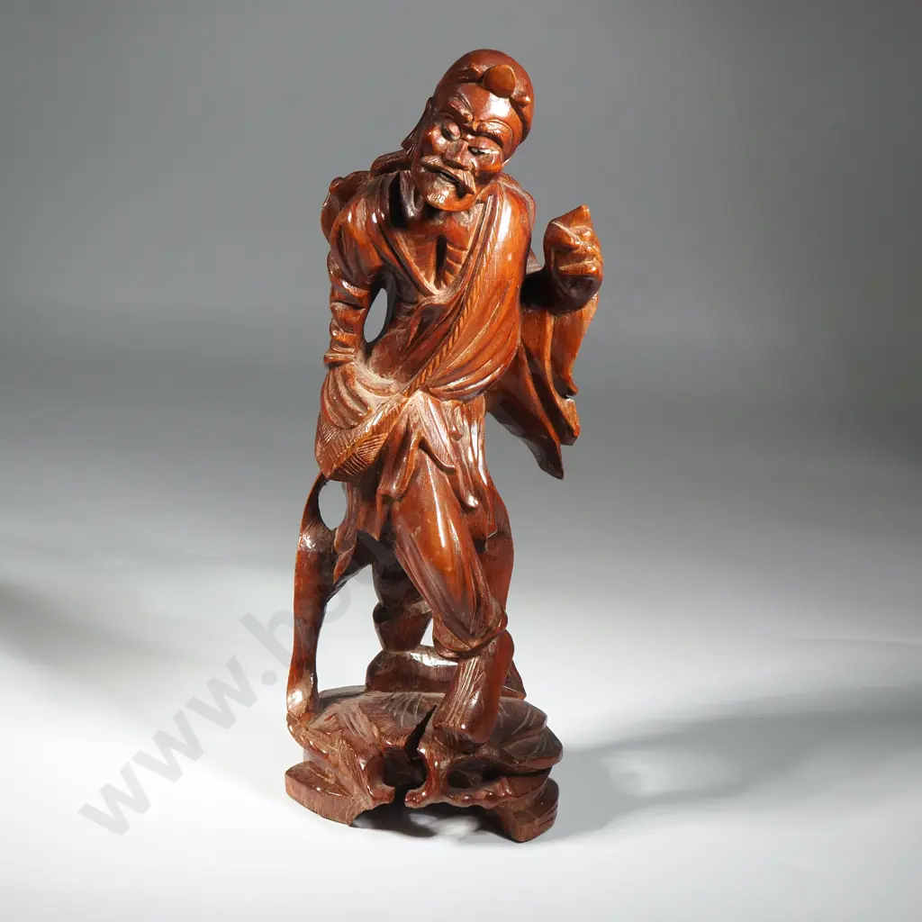 Vintage Chinese Carved Wooden Figure Depicting A Traveller With Bird. Image 1++