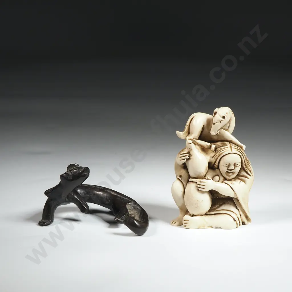 Resin Netsuke Of A Seated Figure With Horse & Gourds & A Miniature Metal Figure Of A Stylised Dragon Image 1++