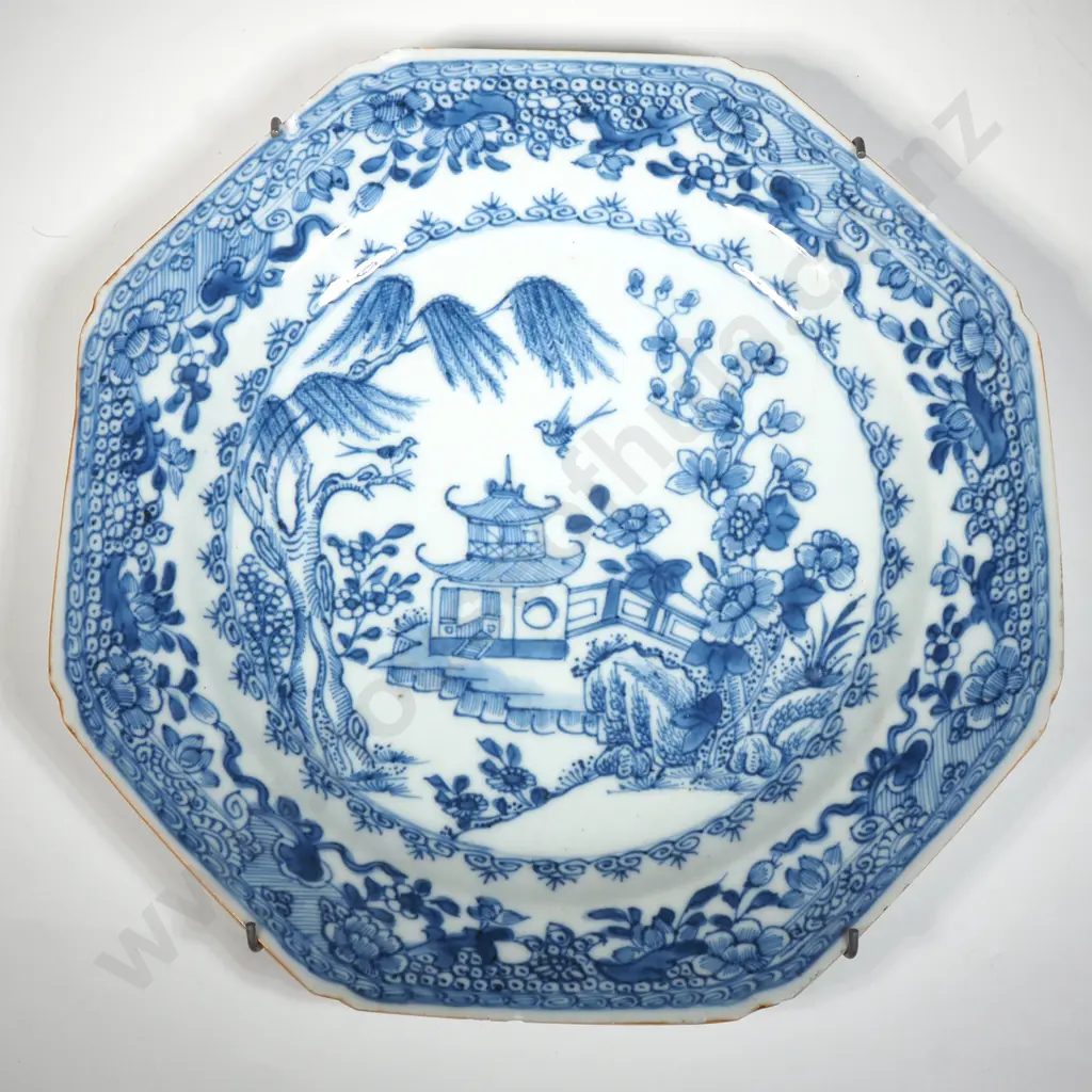 Chinese Porcelain Octagonal Plate Decorated w A Pagoda In a Landscape. Possibly Qianlong period a/f Image 1++