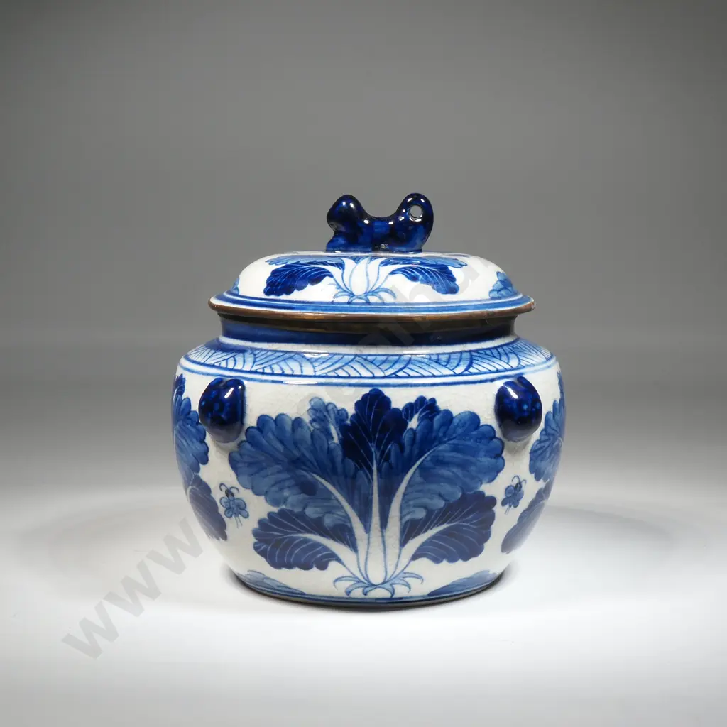 Antique Chinese Blue & White Lidded Congee Bowl, Ornamental Finial To Lid And Four Handles. Chinese Characters To Base. Image 1++