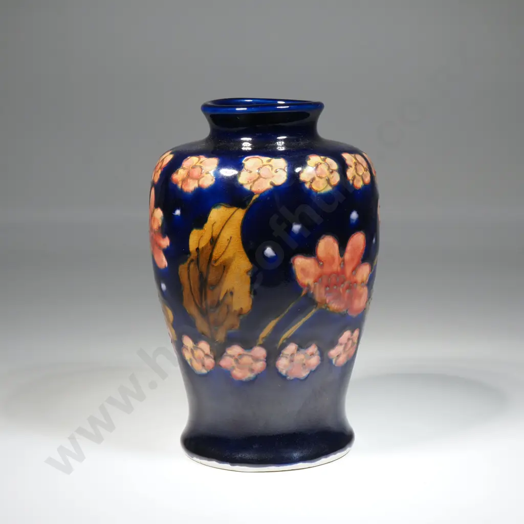 Vintage Awaji  Japanese Pottery Vase Decorated with Leave & Flowers On A Blue Glazed Ground. Marks To Base Image 1++