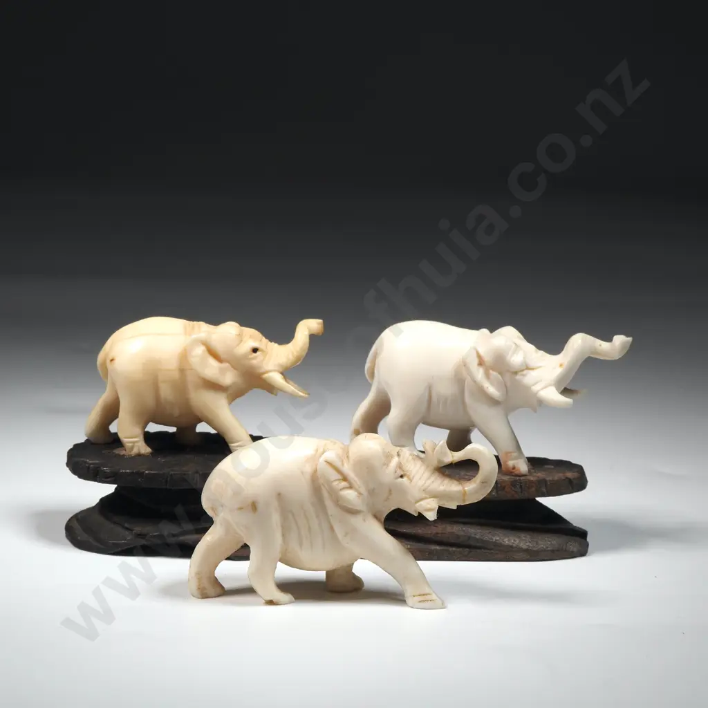 Three Ivory Elephants.Two On Ebony Stands.  Image 1++