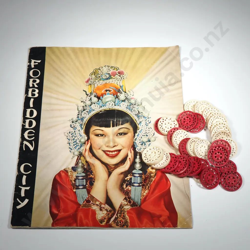 Red & White Bone Draughts Or Checkers. One Set Stained Red, the Other Natural  & A "Fobidden" City Magazine Image 1++