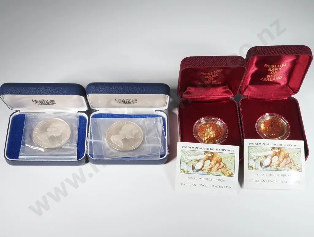 Two New Zealand Cased Proof One Dollar Coins & Two Gabriels Gully BUNC Coins  Image 1++
