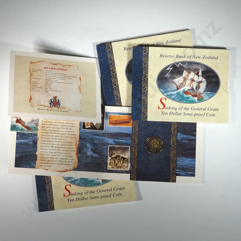 Three New Zealand Sinking of the General Grant Ten Dollar Semi Proof Coin Sets  Image 1++