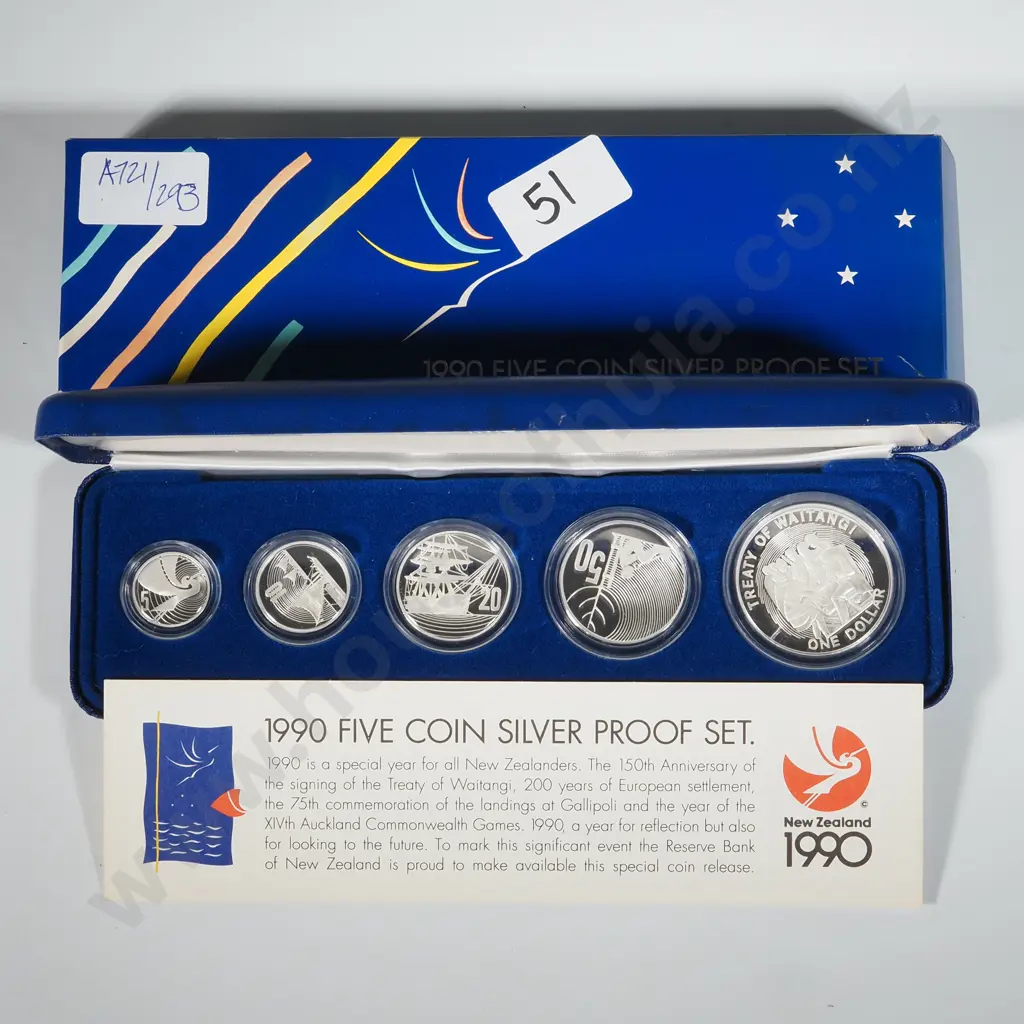1990 New Zealand Five Coin Silver Proof Set  Image 1++
