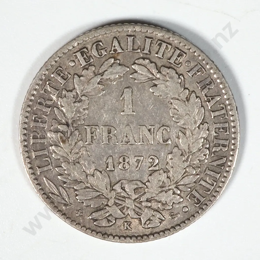 1872 R France One Franc Coin Image 1++