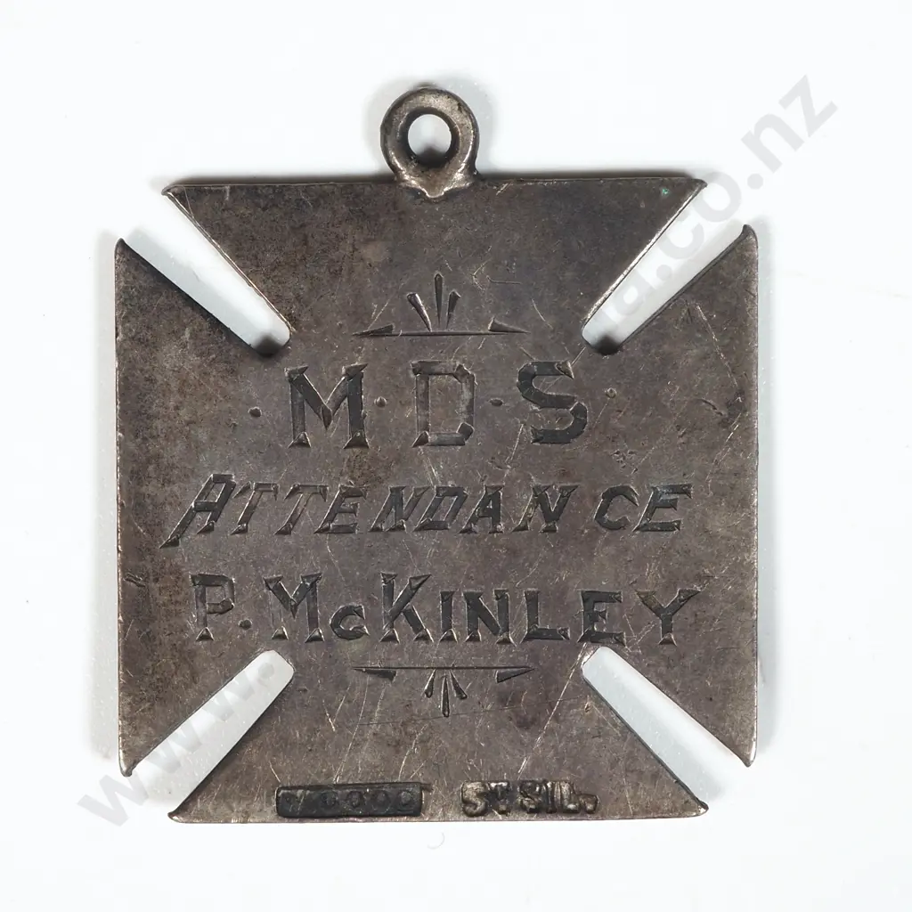 Antique New Zealand Sterling Silver Attendance Fob Medal to P McKinley  Image 1++
