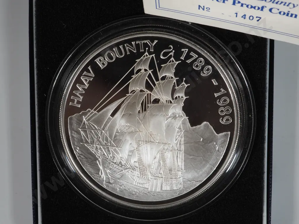 Pitcairn Islands Cased 1989 $50 Silver proof Coins -155.6 Grams .999 Silver (5 Troy Ounces)  Image 1++