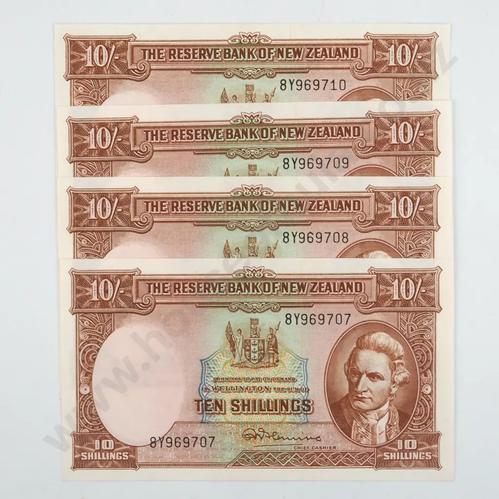 Four Consecutive New Zealand Fleming 10 Shilling Banknotes UNC  Image 1++