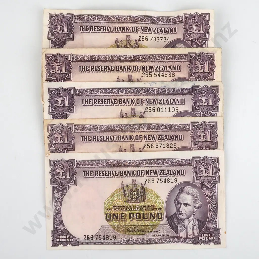 Five New Zealand One Pound Banknotes - Circulated  Image 1++