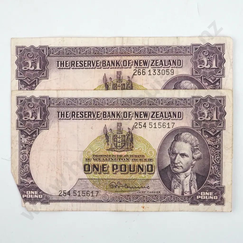 2 New Zealand One Pound Fleming Banknotes - Circulated Image 1++