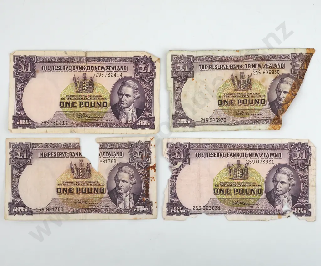 Four New Zealand One Pound Fleming Banknotes - Damaged  Image 1++
