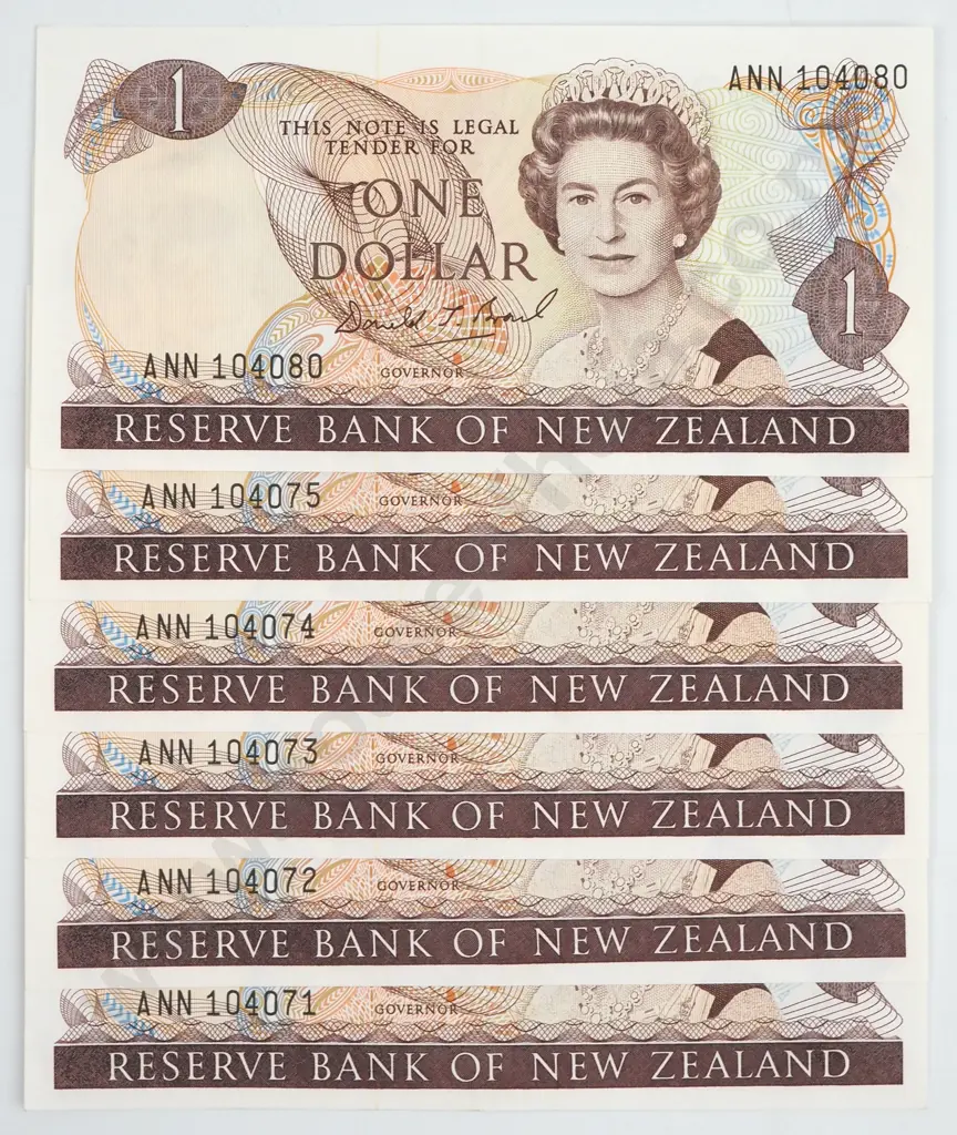 10 Consecutively Numbered New Zealand One Dollar Brash Banknotes  Image 1++