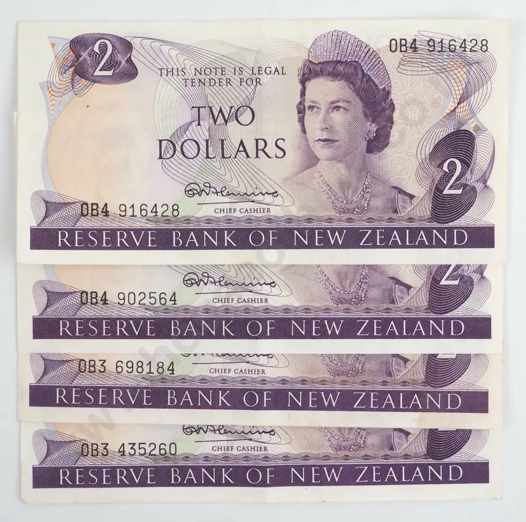 Four New Zealand Two Dollar Fleming Banknotes VF or Better Image 1++
