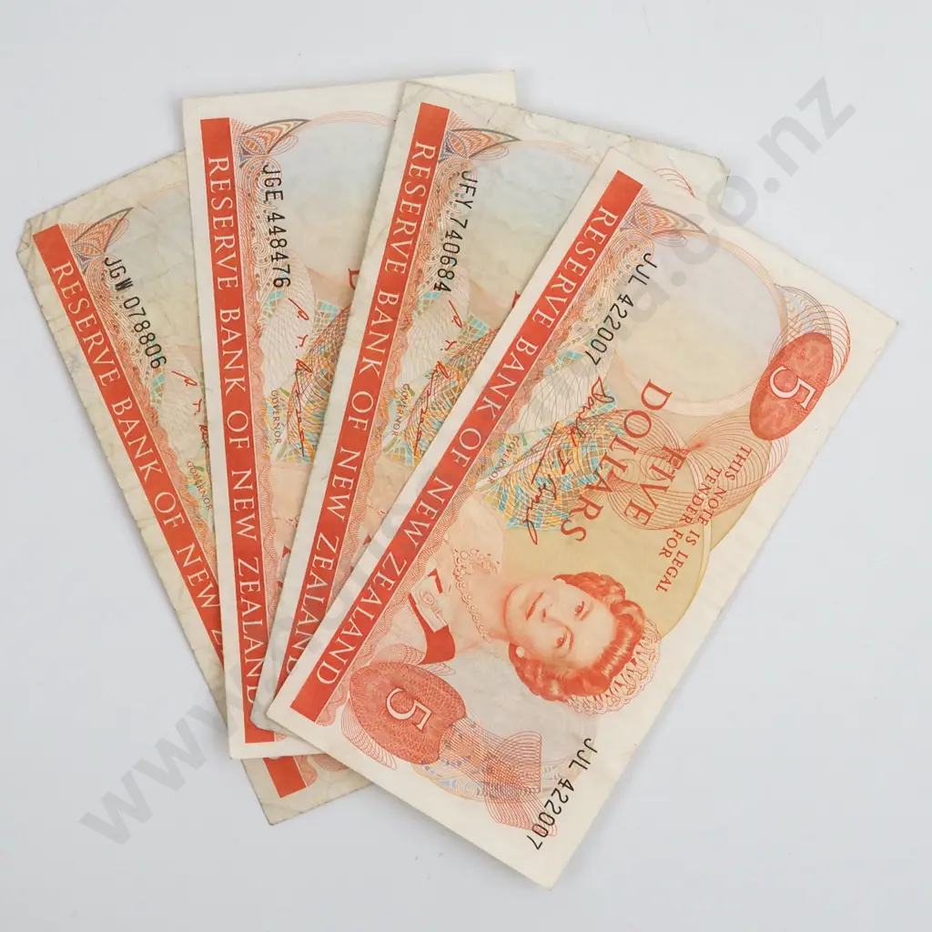 Four Five Dollar New Zealand Banknotes - Three Russell & Brash  Image 1++