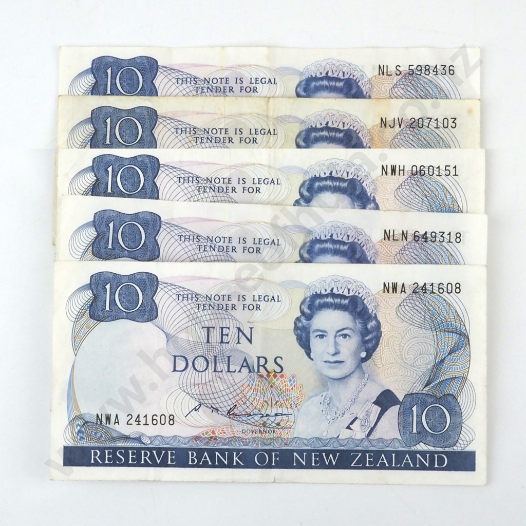 Five New Zealand 10 Dollar Russell Banknotes - Circulated Image 1++
