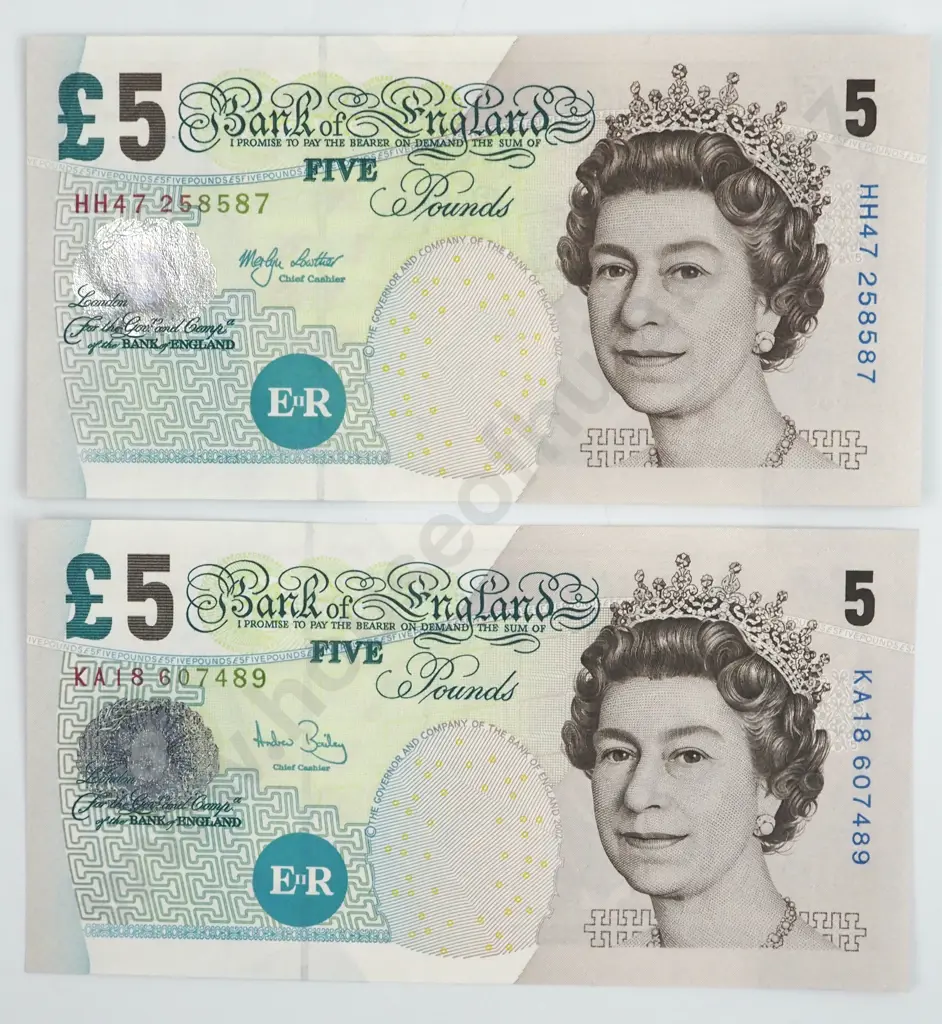 Two United Kingdom Five Pound UNC Banknotes  Image 1++