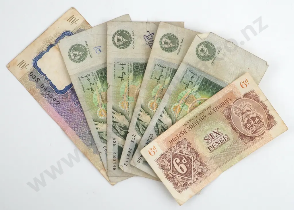 Four British One Pound Banknotes & Two British Military Authority Banknotes 6D & 10/ Image 1++