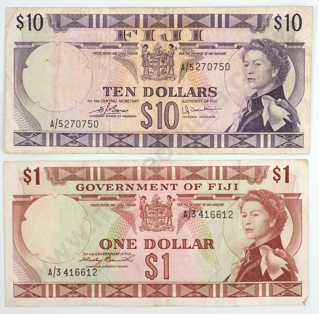 Fiji One & Ten Dollar Banknotes  Image 1++