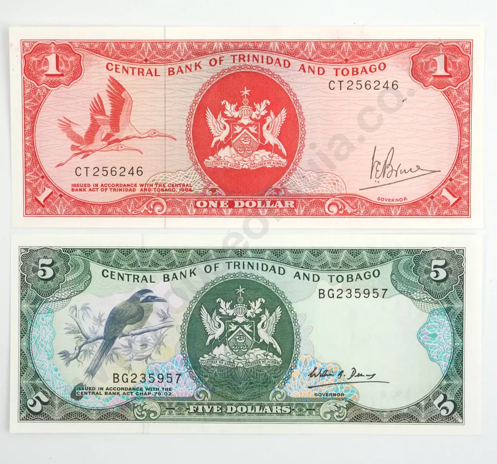 Central Bank of Trinidad & Tobago $1 & $5 Banknotes  Image 1++