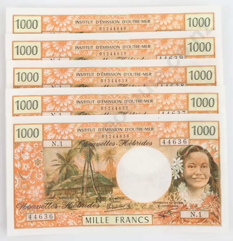 5 Consecutive New Hebrides 1000 Francs - Paper Rippled as Issued - CV $925 USD Image 1++