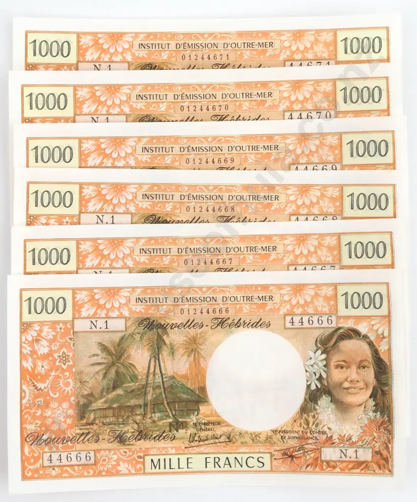 6 Consecutive New Hebrides 1000 Francs - Paper Rippled as Issued - CV $1110 USD Image 1++