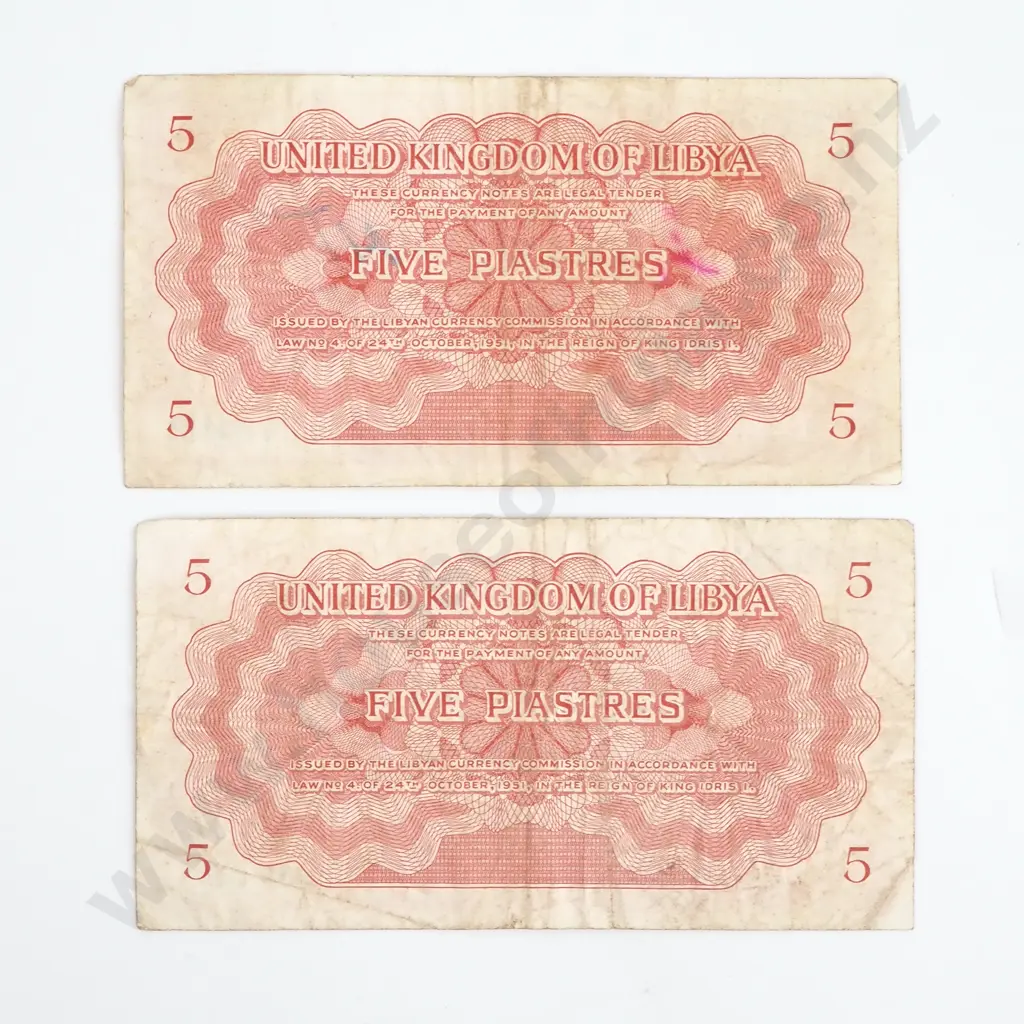 Two United Kingdom of Libya Five Piastres Banknotes  Image 1++