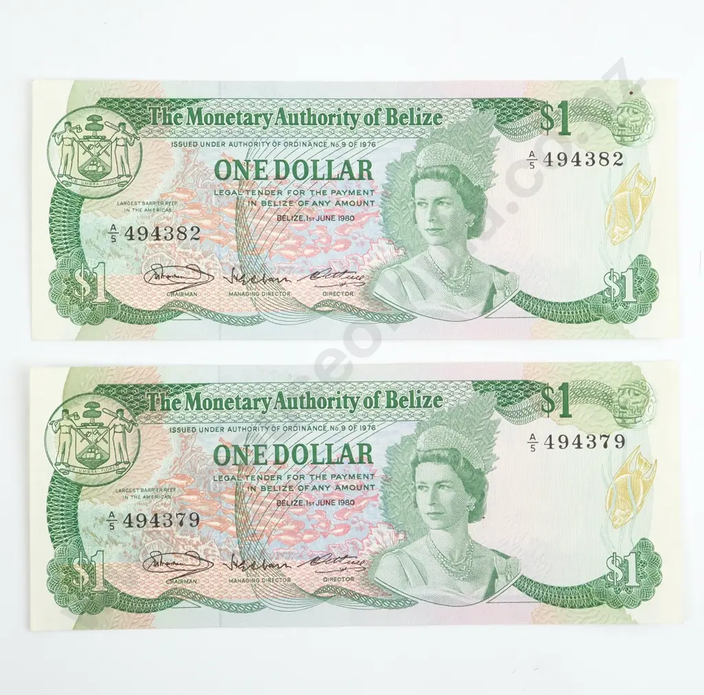 Two Almost Consecutive Monetary Authority of Belize one Dollar Banknotes 1980  Image 1++