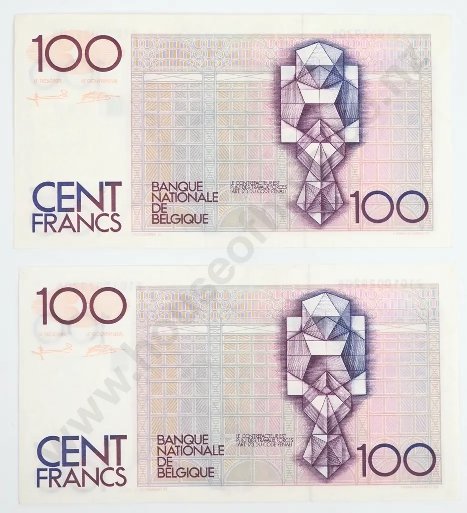 Two Consecutive AUNC 100 Franc Belgian Banknotes  Image 1++