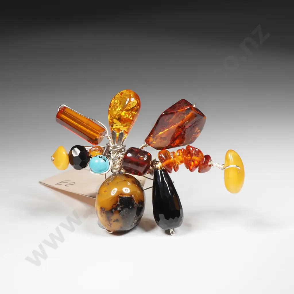 Decorative Multi Stone & Amber & Silver Wire Brooch Image 1++