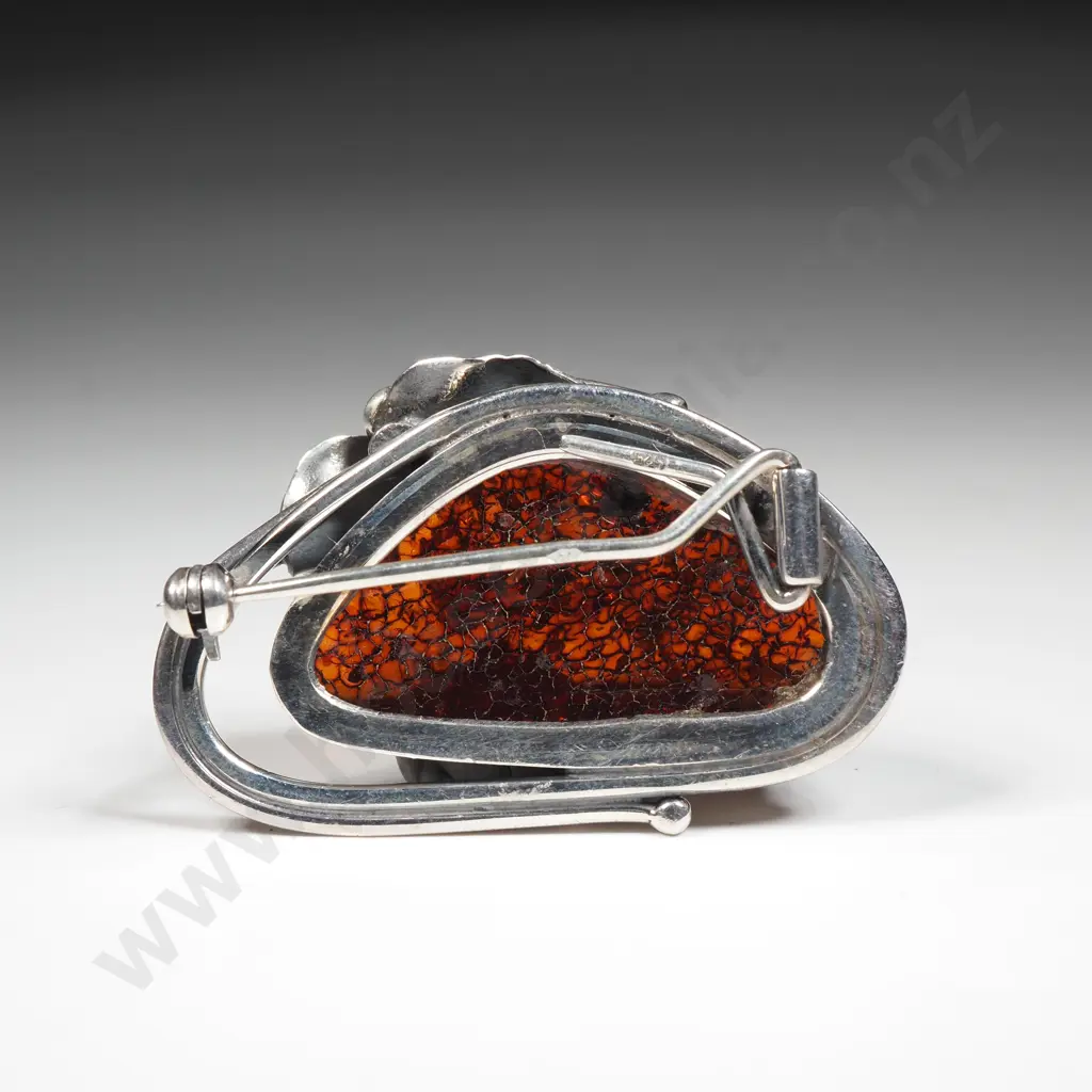 Sterling Silver Amber Brooch w Lily Embellishment Image 1++