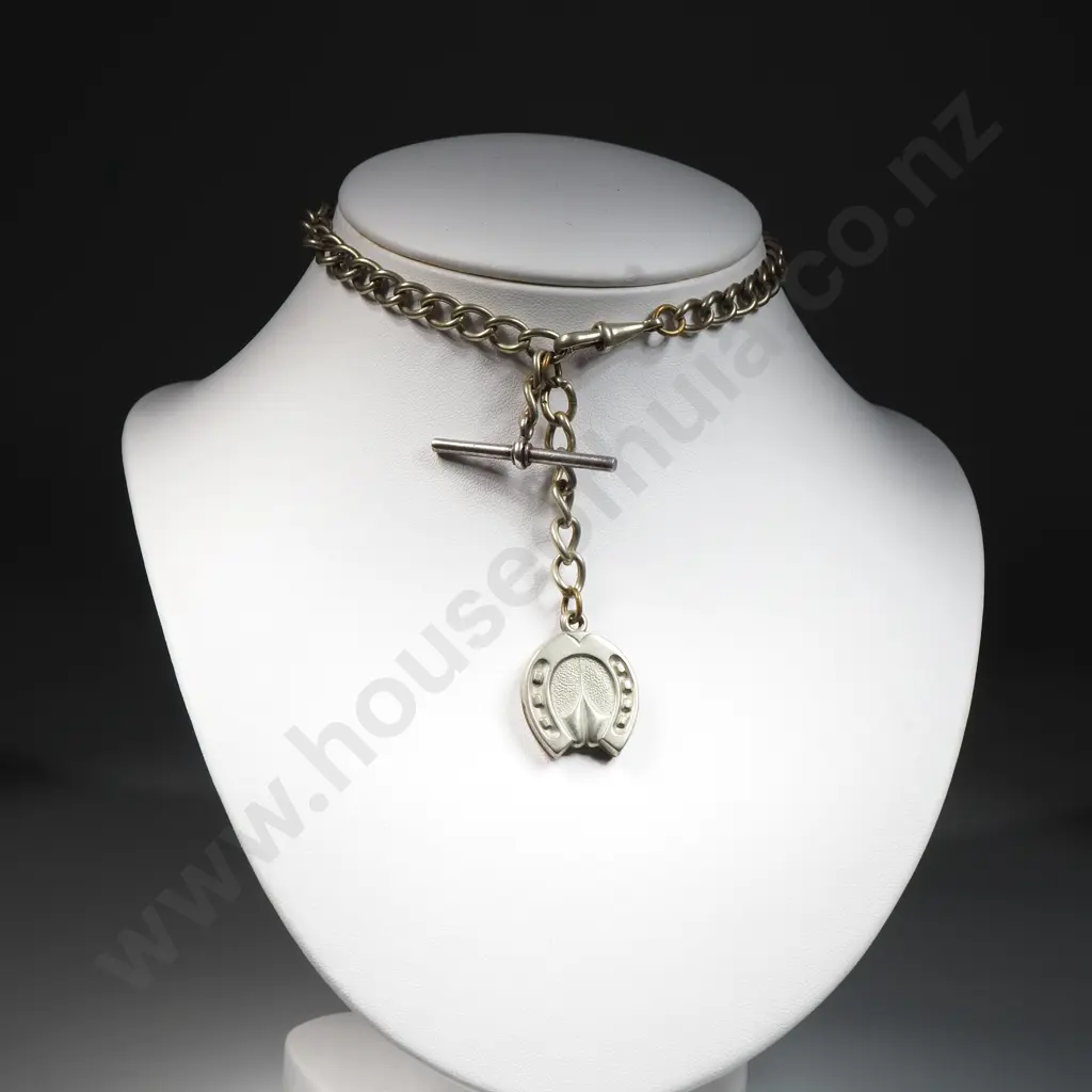 Silver Plate Curb Link Fob Chain w Horse Shoe Pendant Image 1++