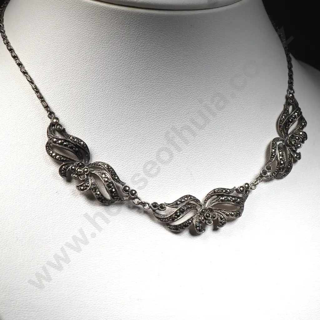 A Sterling Silver Marcasite Necklace & a Scarf Clip/Brooch Image 1++