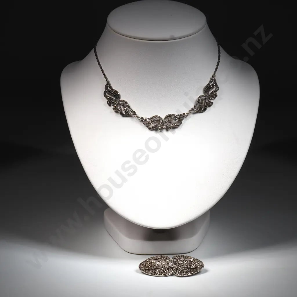 A Sterling Silver Marcasite Necklace & a Scarf Clip/Brooch Image 1++