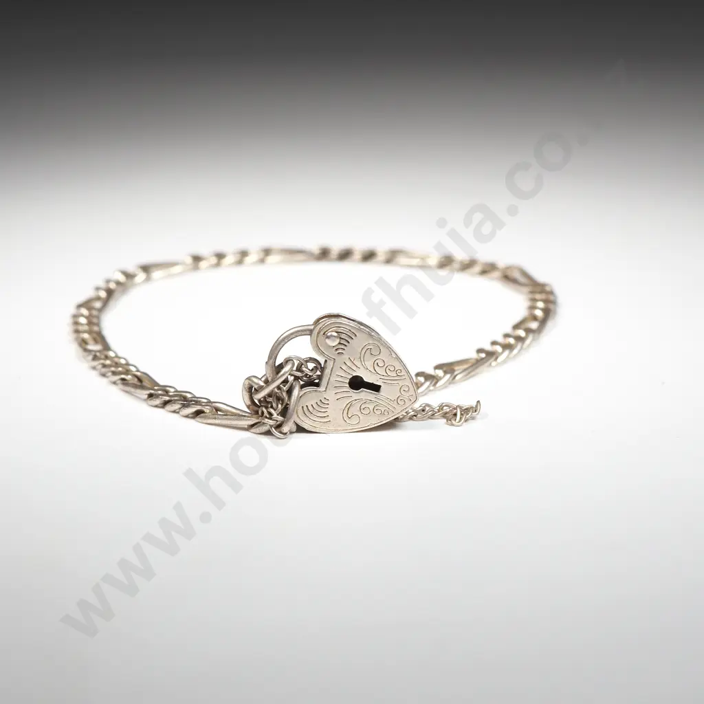 Sterling Silver Figaro Link Bracelet w Heart Locket  Image 1++
