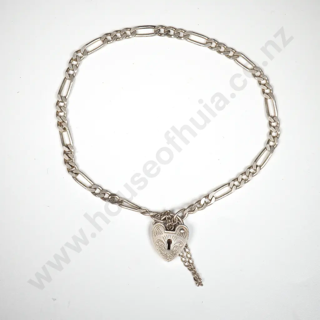 Sterling Silver Figaro Link Bracelet w Heart Locket  Image 1++