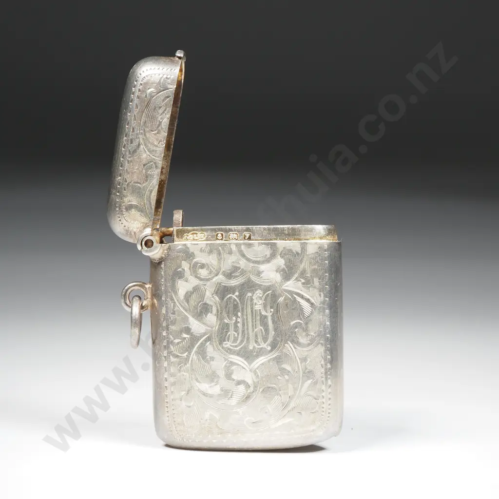 Sterling Silver Vesta Box w Scroll & Leaf Decoration - Initials DMJ Image 1++