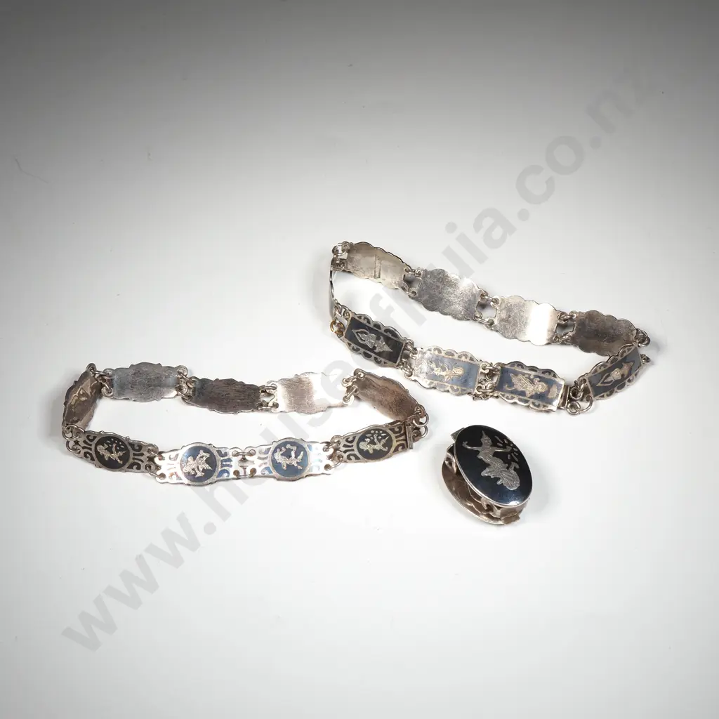 Two Black  Sterling Silver Siam Nielloware Bracelet & A Pair Of Earrings Featuring Dancing Thai Goddess's Image 1++