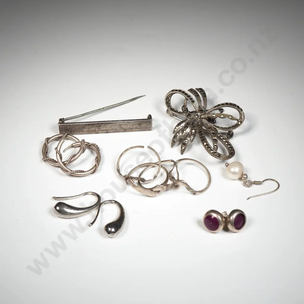 Marcasite Sterling Silver Brooch, Sterling Silver Bar Brooch, Sterling Silver Earrings & Russian Wedding Ring  Image 1++