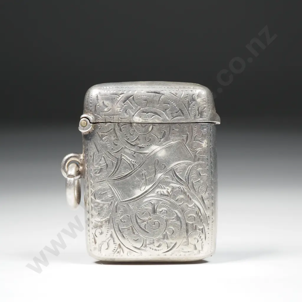 Sterling Silver Vesta Box with Scroll Decoration & The Initials JL In A Ribbon Cartouche Image 1++
