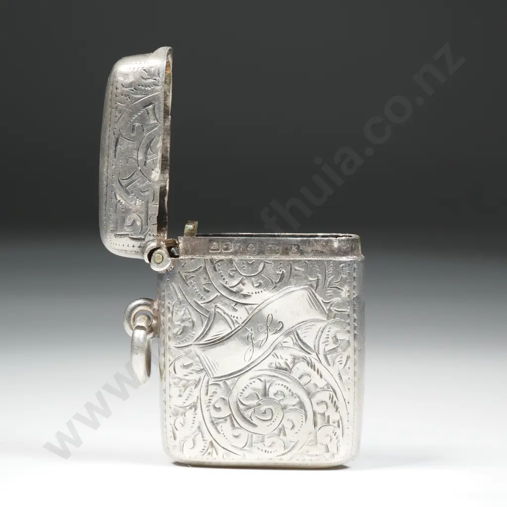 Sterling Silver Vesta Box with Scroll Decoration & The Initials JL In A Ribbon Cartouche Image 1++
