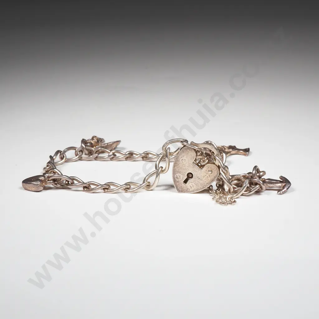 Sterling Silver Charm Bracelet w Small Charms & Heart Locket  Image 1++