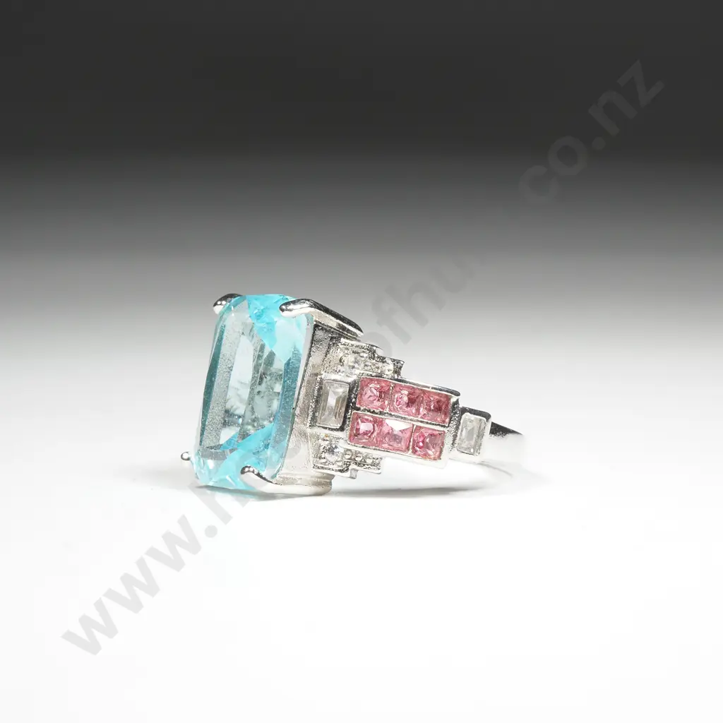 Costume Silver Toned Dress Ring w Aqua, Ruby & Diamond Coloured Gems Image 1++