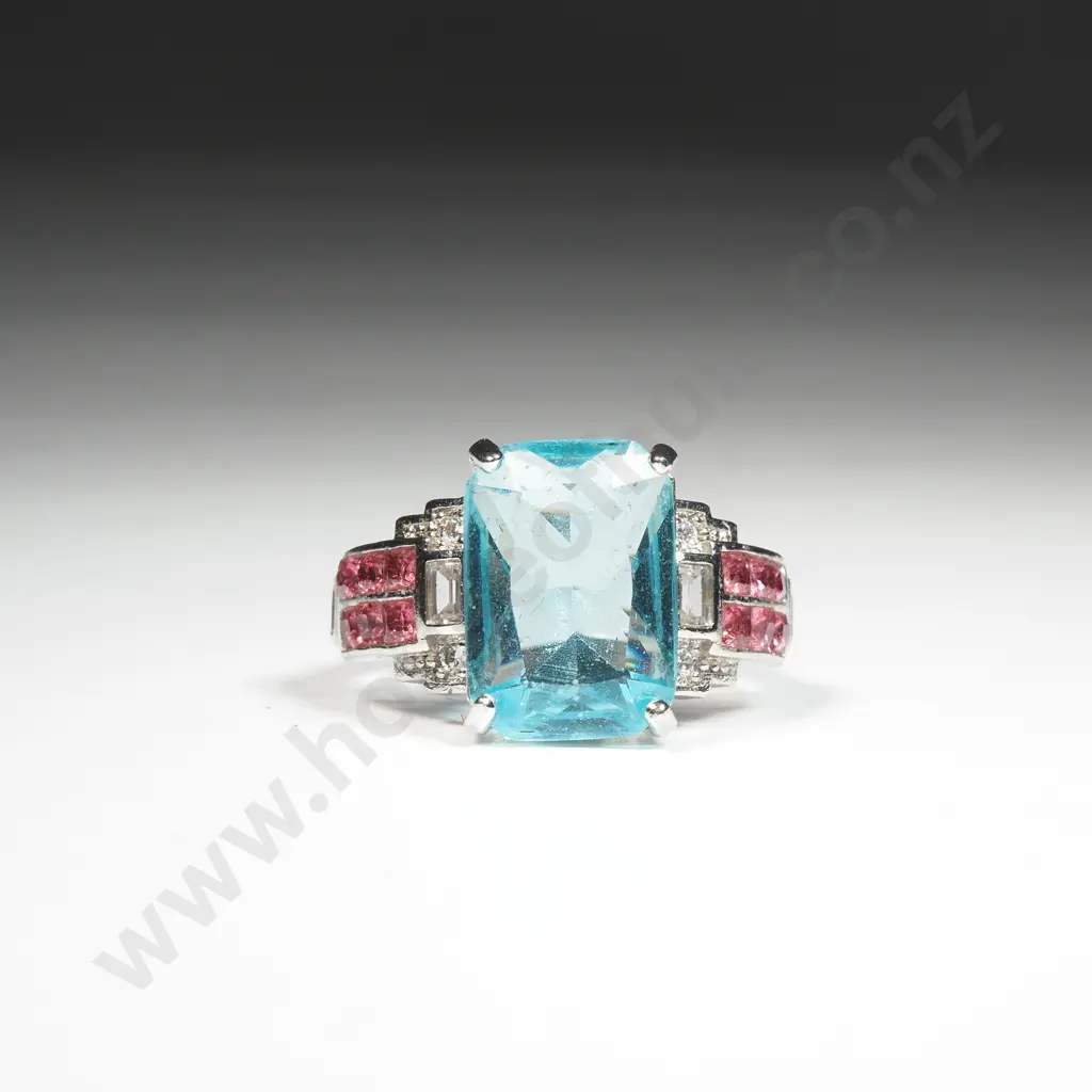 Costume Silver Toned Dress Ring w Aqua, Ruby & Diamond Coloured Gems Image 1++